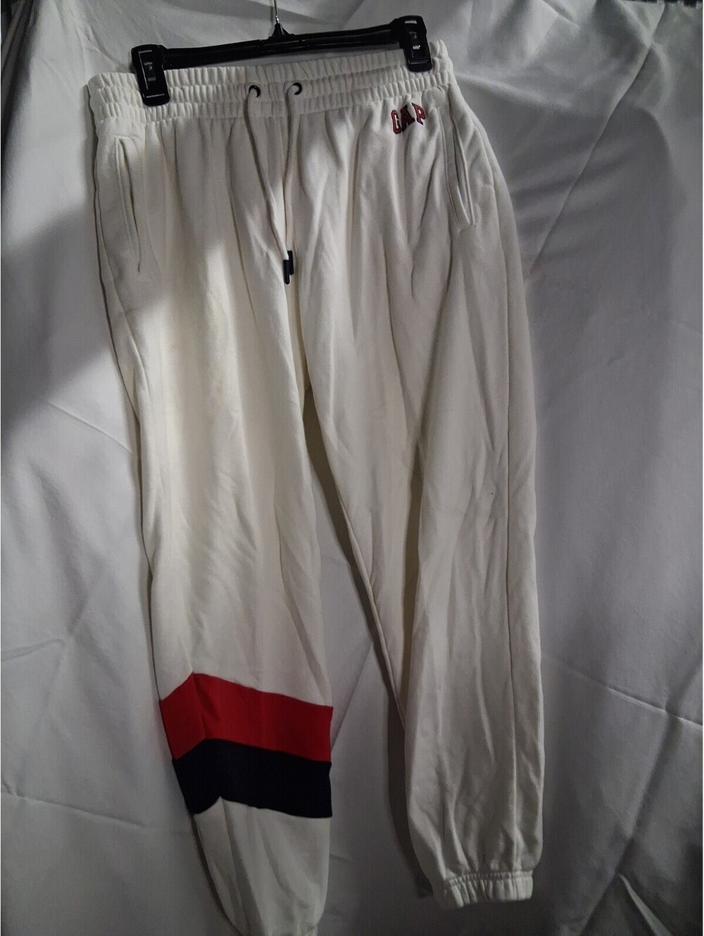Women's Small White Sweatpants With Blue And Red  Stripe On One Leg M2